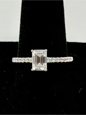 1 ct Moissanite Emerald-Cut Solitaire Ring in 925 Silver with Pavé Band Size 8
